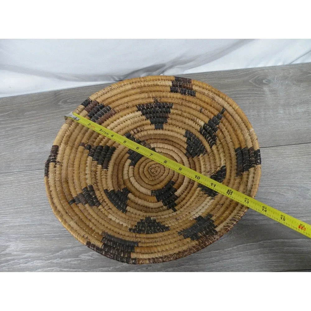 Handwoven Coiled Natural Fiber Lidded Basket 14 in Southwestern Geometric Decor